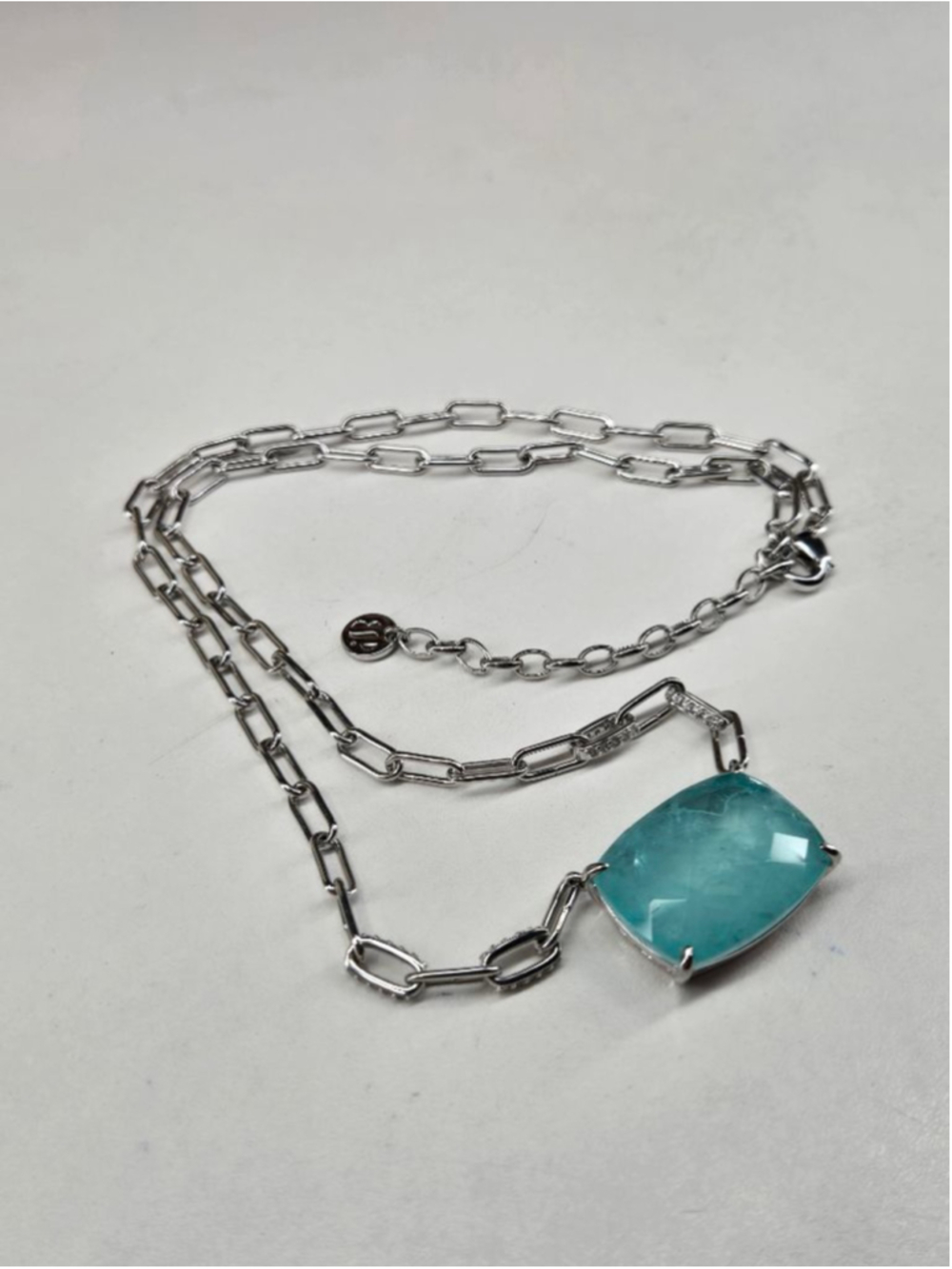 Bomb Party Necklace Blue Aragonite Pendant Rhodium Silvertone Paperclip Chain - Picture 7 of 10